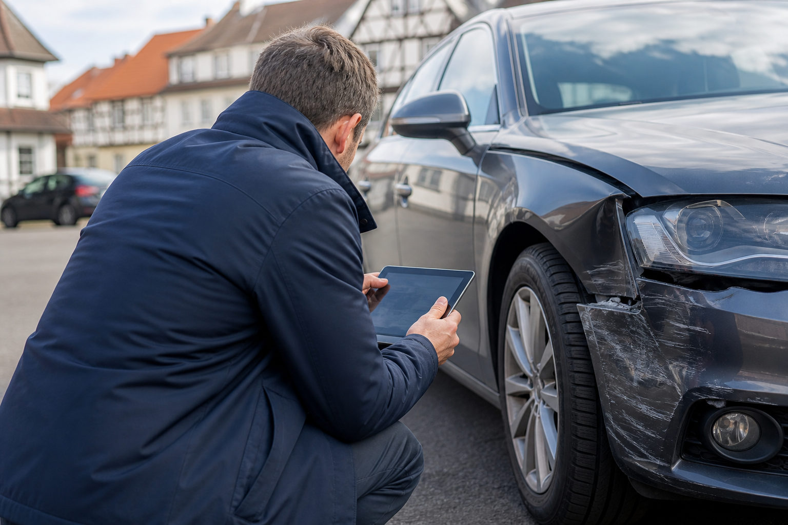 Kfz-Sachverständiger prüft einen Unfallschaden an einem Fahrzeug